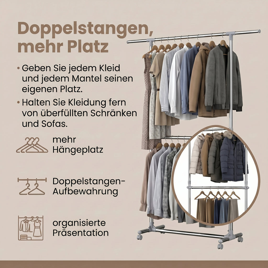 Kleiderständer Garderobenständer mit Rollen Höhenverstellbar von 113 bis 198 cm, Edelstahl, silbern-grau