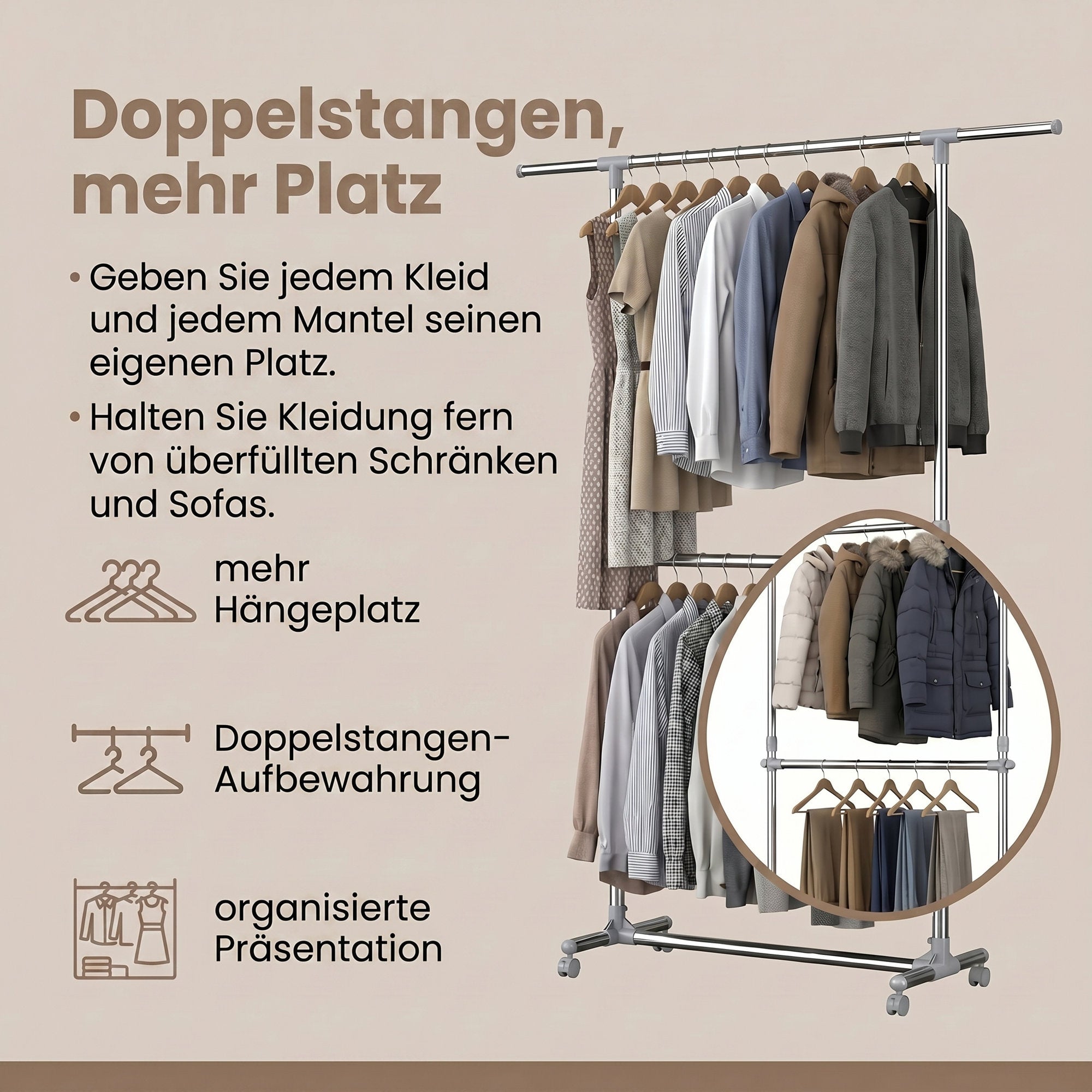 Kleiderständer Garderobenständer mit Rollen Höhenverstellbar von 113 bis 198 cm, Edelstahl, silbern-grau
