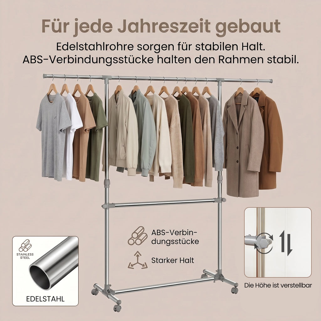 Kleiderständer Garderobenständer mit Rollen Höhenverstellbar von 113 bis 198 cm, Edelstahl, silbern-grau