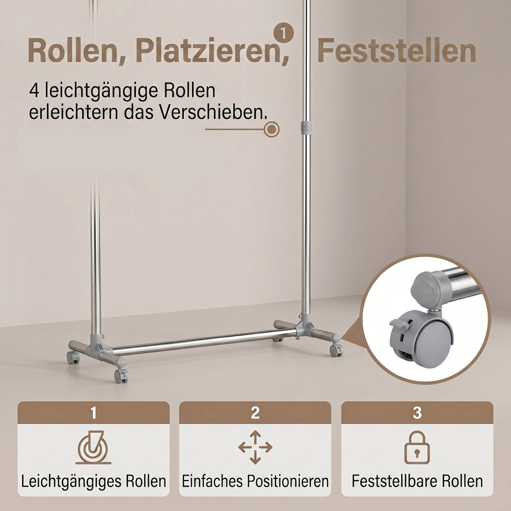 Kleiderständer Garderobenständer mit Rollen Höhenverstellbar von 113 bis 198 cm, Edelstahl, silbern-grau