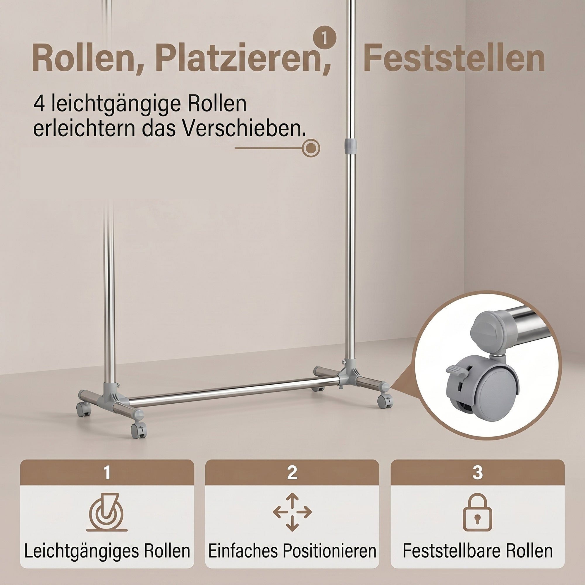 Kleiderständer Garderobenständer mit Rollen Höhenverstellbar von 113 bis 198 cm, Edelstahl, silbern-grau