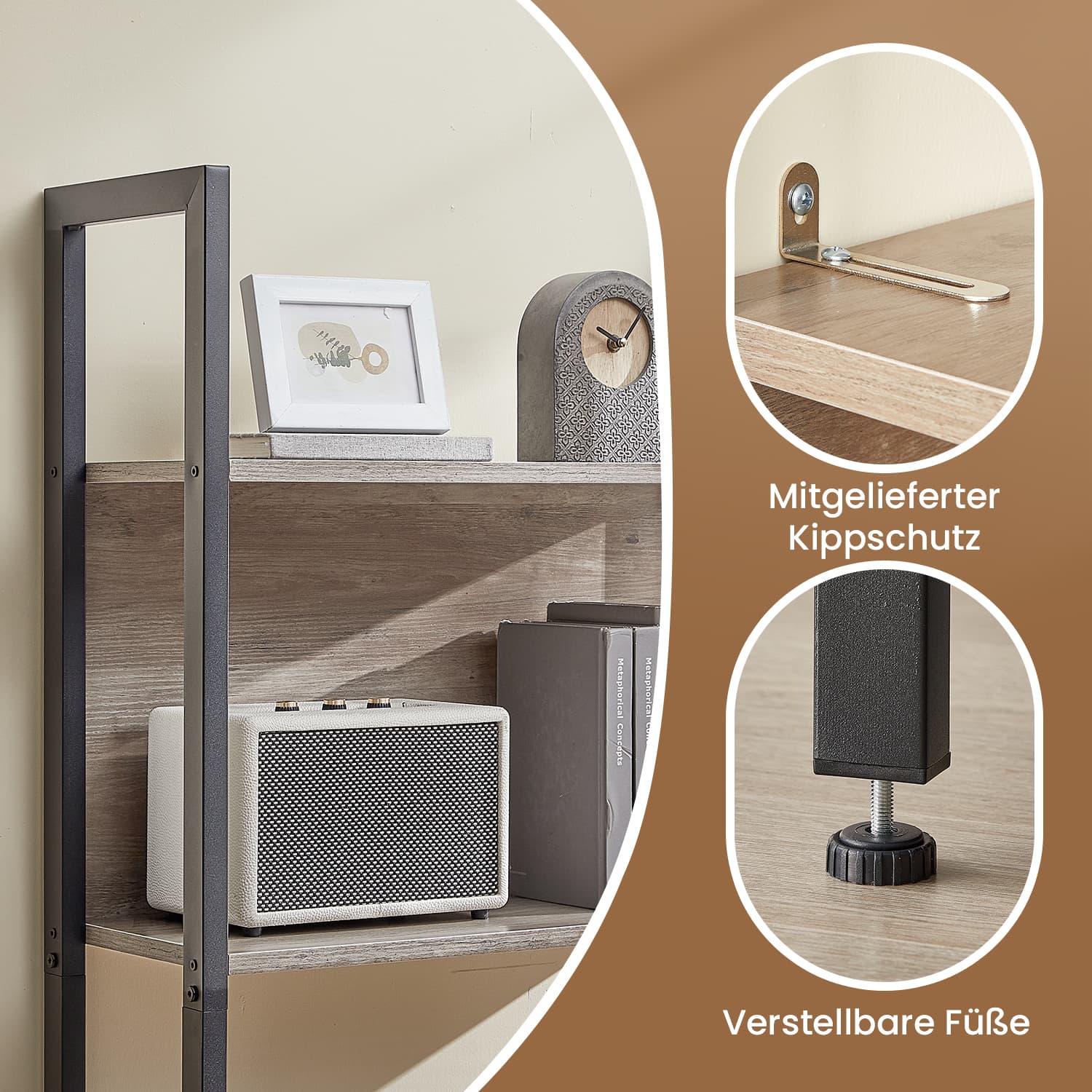 Standregal mit 5 offenen Regalebenen Greige-Schwarz