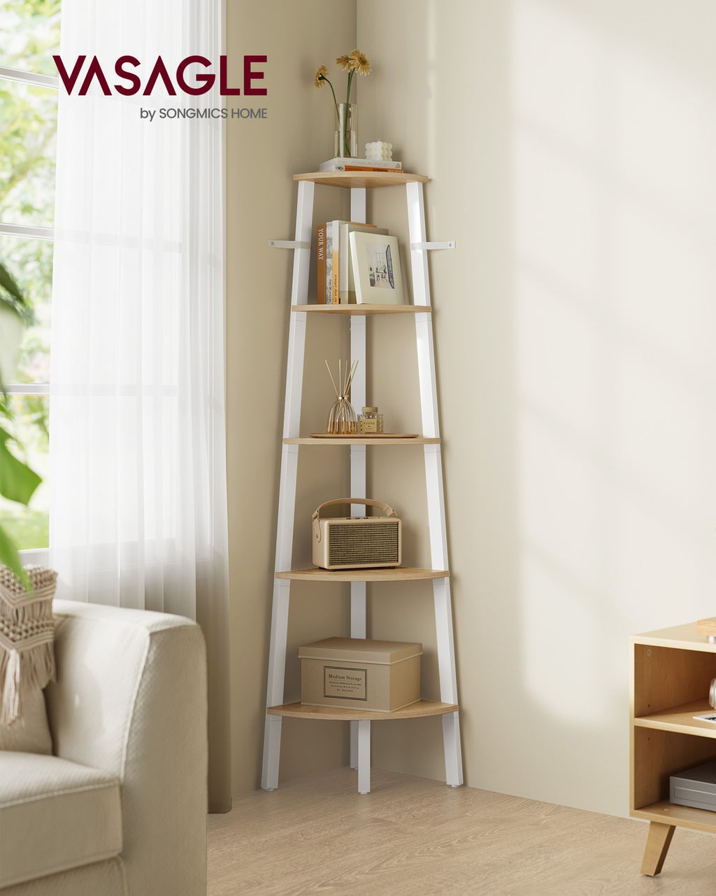Bücherregal 5 Ebenen industriell natureichenfarben-mattweiß