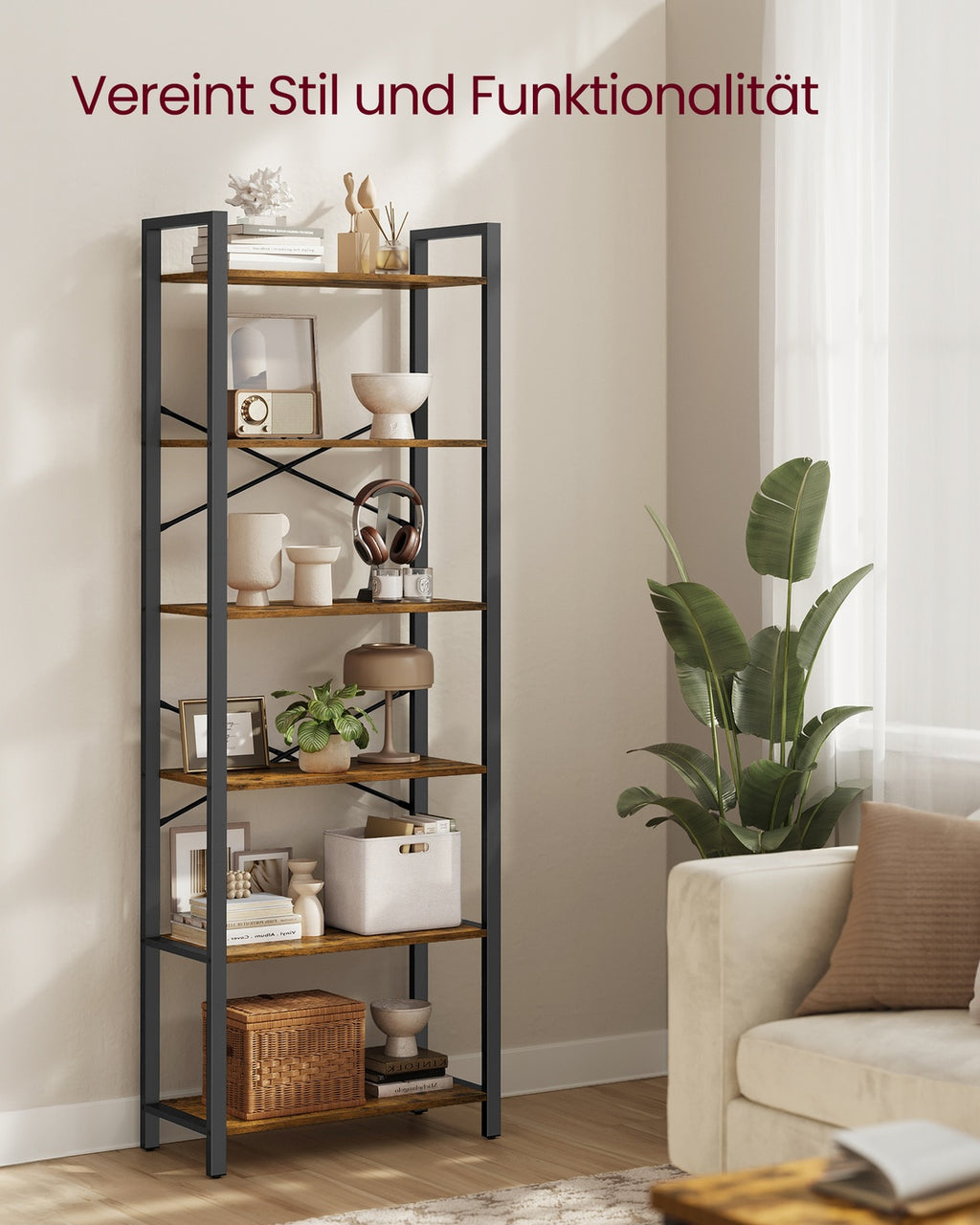 Regal Bücherregal mit 6 Ebenen offene Ablagen 30 × 64 × 185,5 cm vintagebraun-tintenschwarz