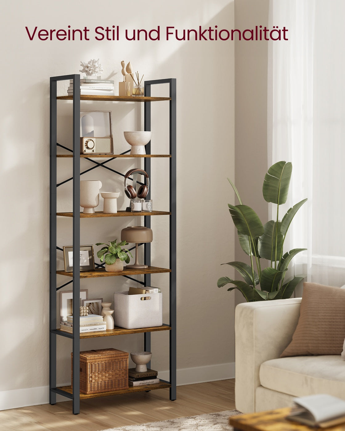 Regal Bücherregal mit 6 Ebenen offene Ablagen 30 × 64 × 185,5 cm vintagebraun-tintenschwarz