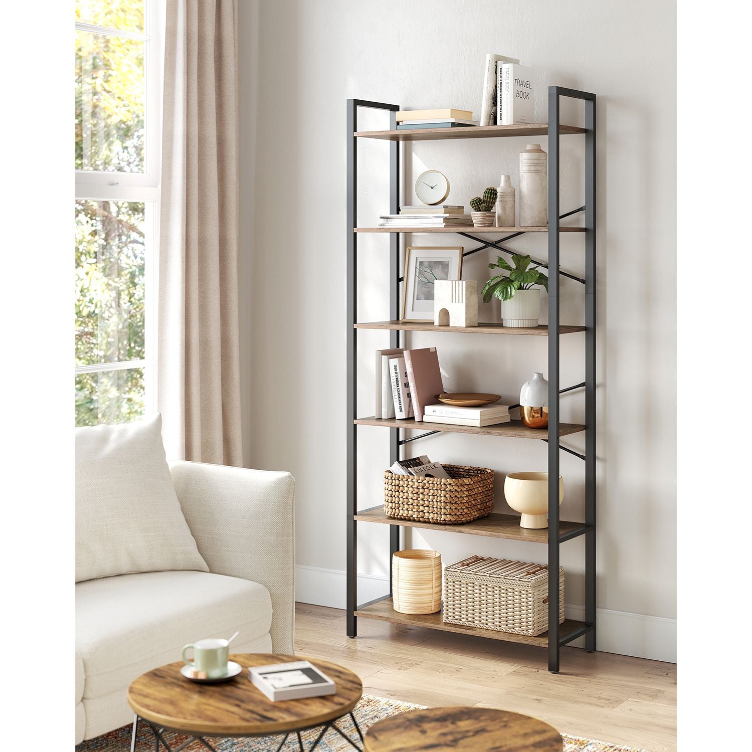 Bücherregal 6 Ebenen 30 x 80 x 186 cm dunkelwalnussfarben-schwarz