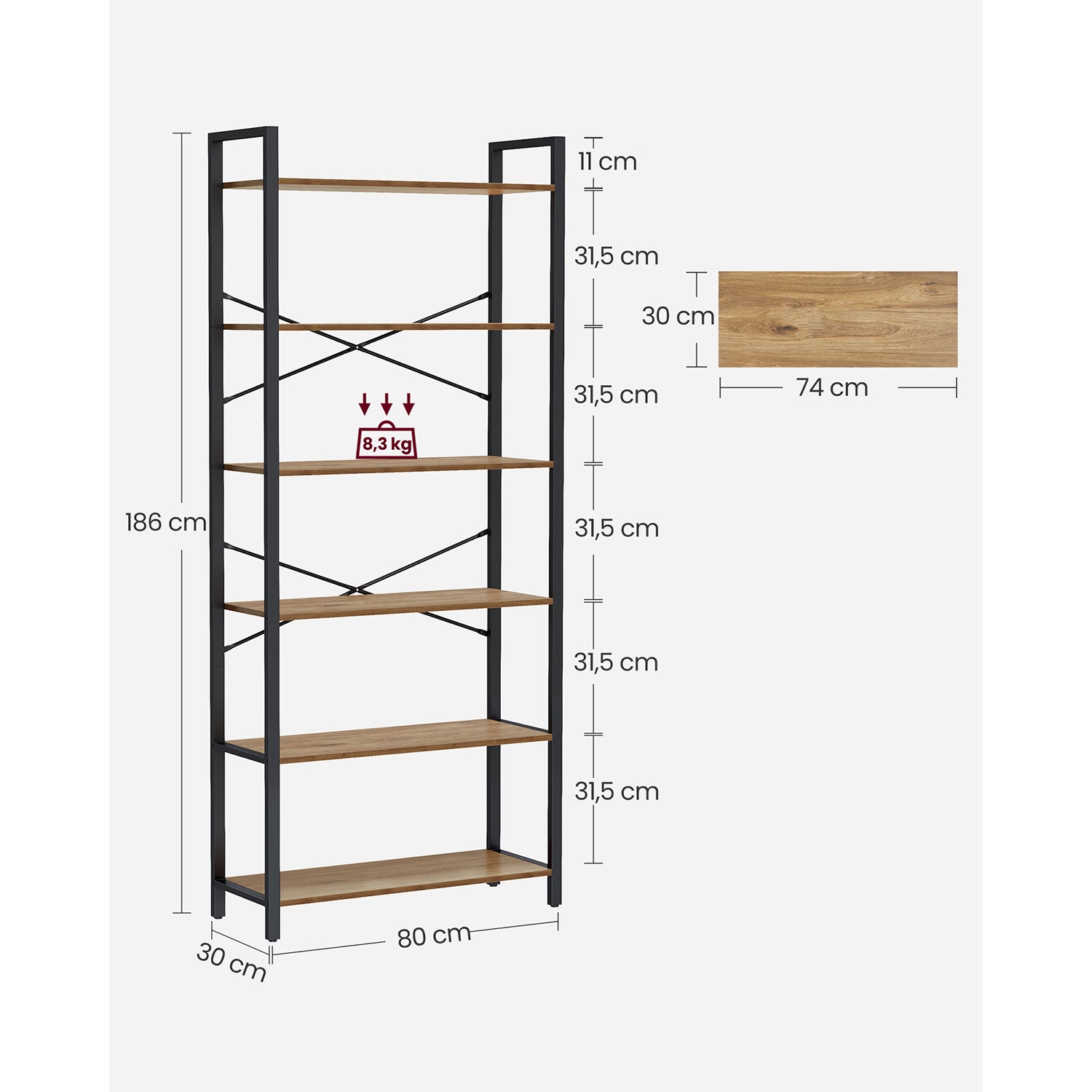 Bücherregal 6 Ebenen 30 x 80 x 186 cm dunkelwalnussfarben-schwarz