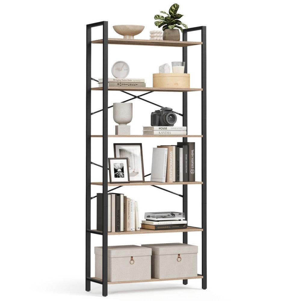 Bücherregal mit 6 Ebenen in Industrie-Design kamelbraun-tintenschwarz