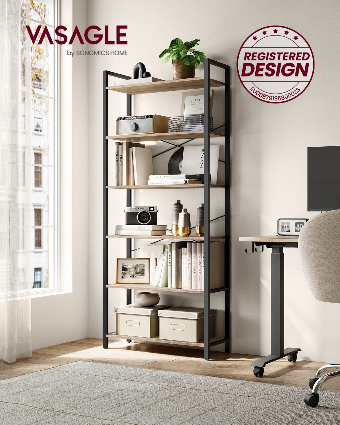 Bücherregal mit 6 Ebenen in Industrie-Design kamelbraun-tintenschwarz