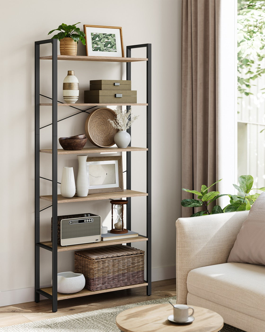 Bücherregal mit 6 Ebenen in Industrie-Design kamelbraun-tintenschwarz