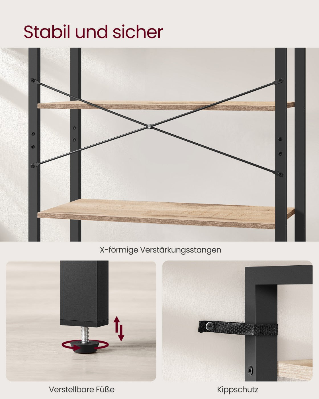 Bücherregal mit 6 Ebenen in Industrie-Design kamelbraun-tintenschwarz