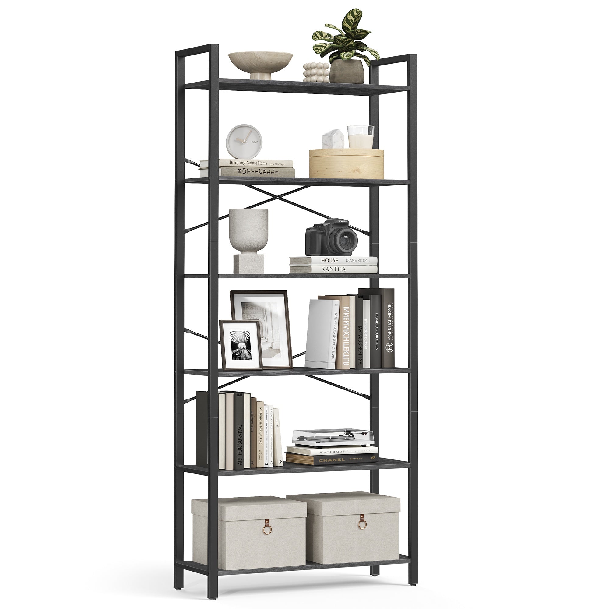 Bücherregal mit 6 Ebenen in Industrie-Design ebenholzschwarz-tintenschwarz
