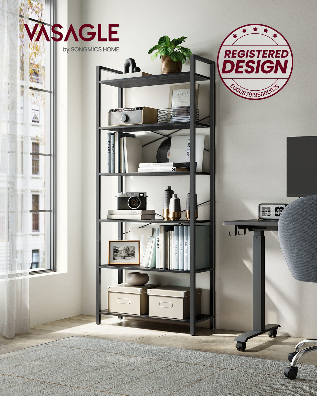 Bücherregal mit 6 Ebenen in Industrie-Design ebenholzschwarz-tintenschwarz