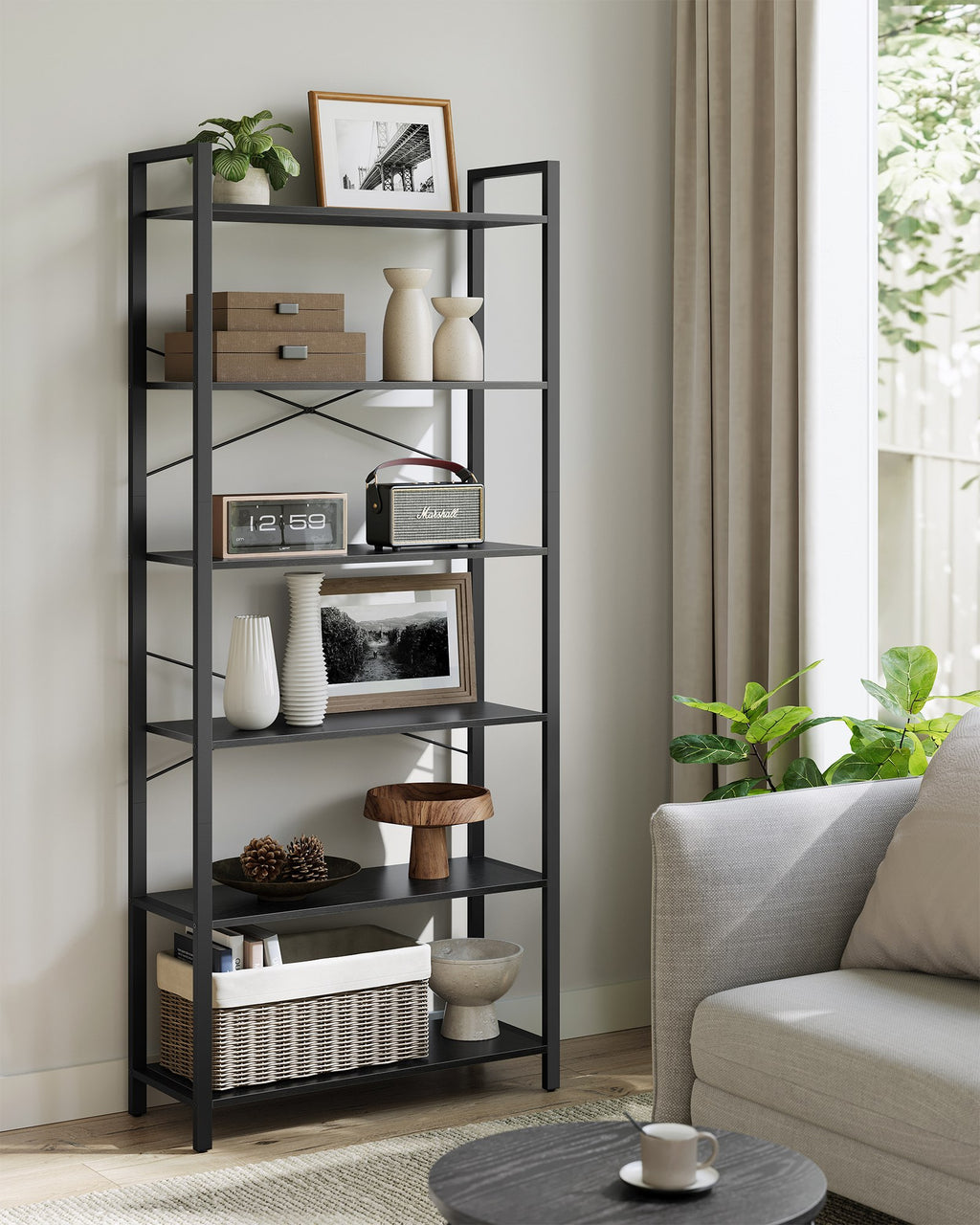 Bücherregal mit 6 Ebenen in Industrie-Design ebenholzschwarz-tintenschwarz
