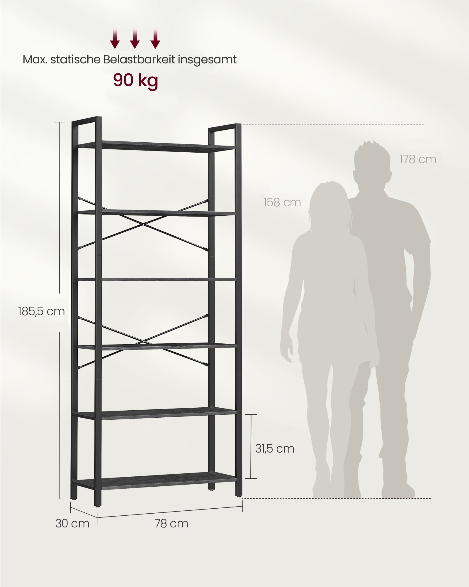 Bücherregal mit 6 Ebenen in Industrie-Design ebenholzschwarz-tintenschwarz