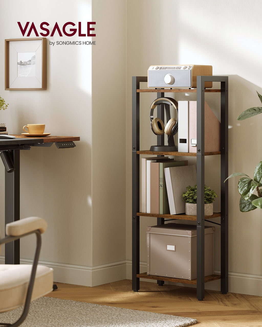Bücherregal 24 x 40 x 107 cm mit 4 Ebenen und offenen Ablagen vintagebraun-schwarz