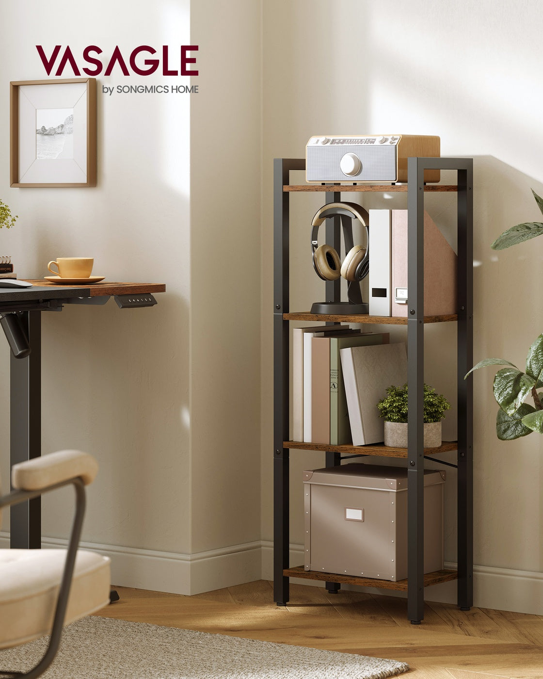 Bücherregal 24 x 40 x 107 cm mit 4 Ebenen und offenen Ablagen vintagebraun-schwarz