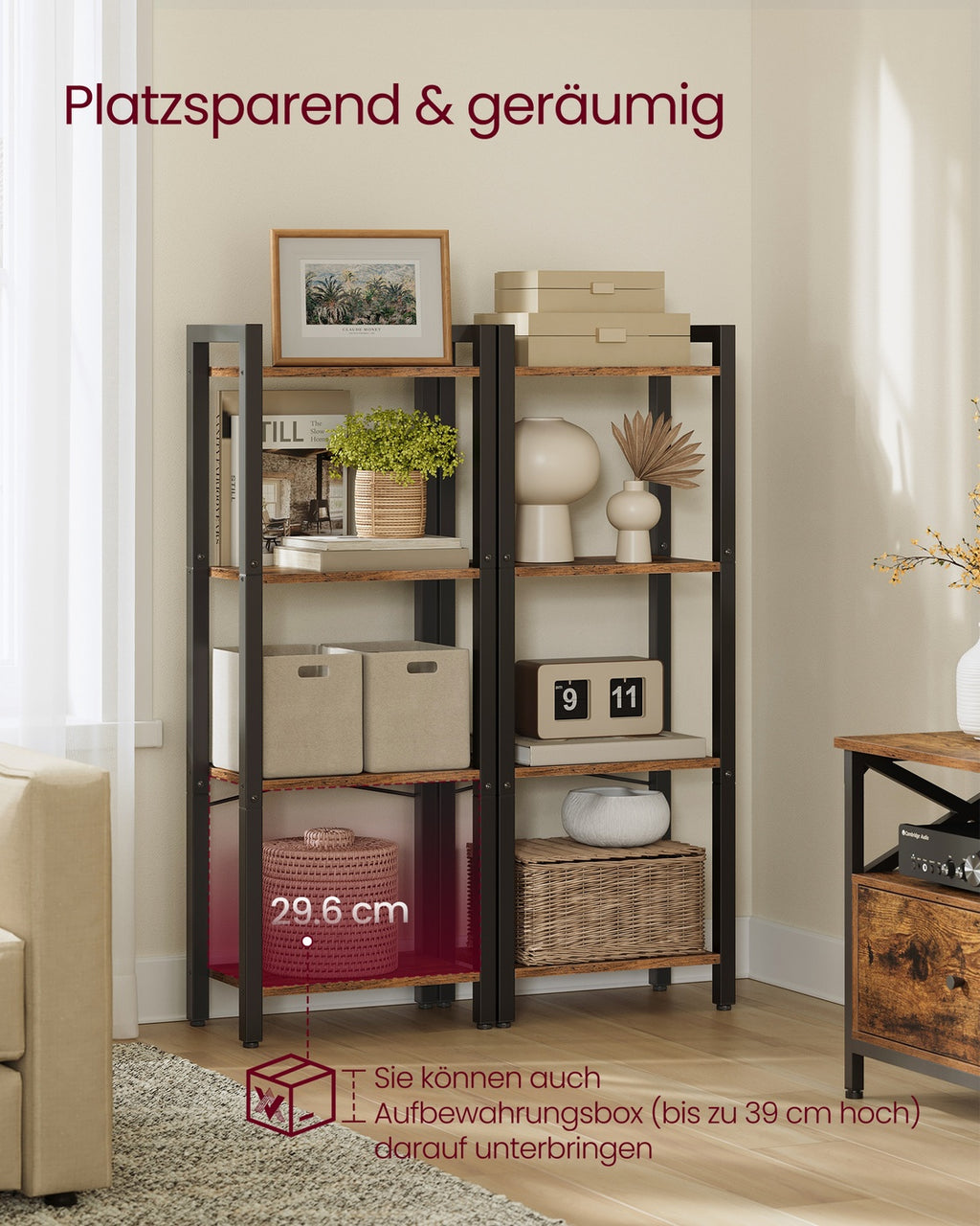 Bücherregal 24 x 40 x 107 cm mit 4 Ebenen und offenen Ablagen vintagebraun-schwarz