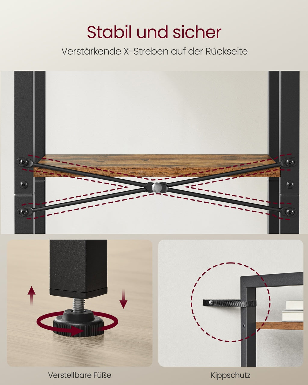 Bücherregal 24 x 40 x 107 cm mit 4 Ebenen und offenen Ablagen vintagebraun-schwarz