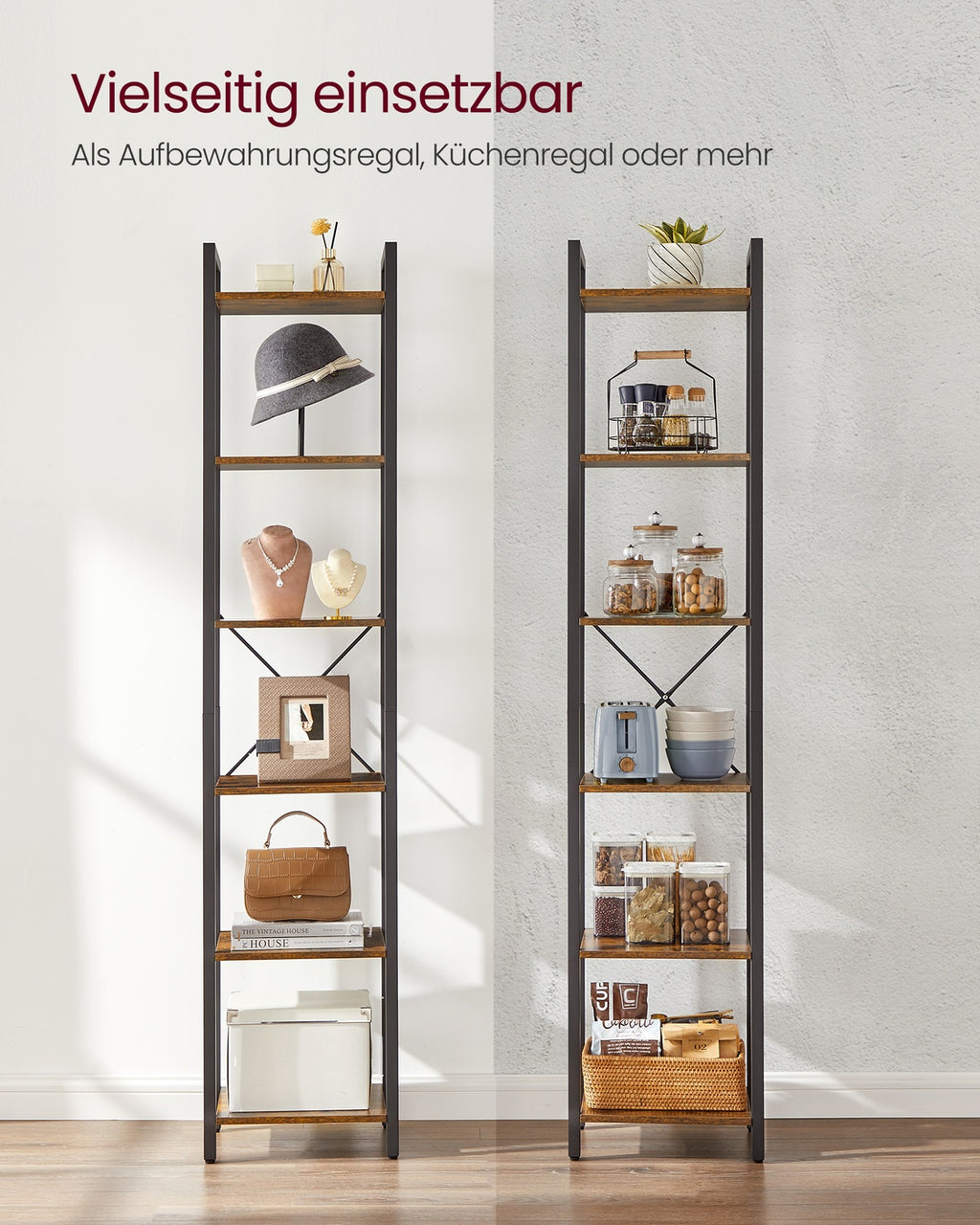 Regal Standregal mit 6 Ebenen offene Ablagen 30 x 40 x 186 cm vintagebraun-tintenschwarz