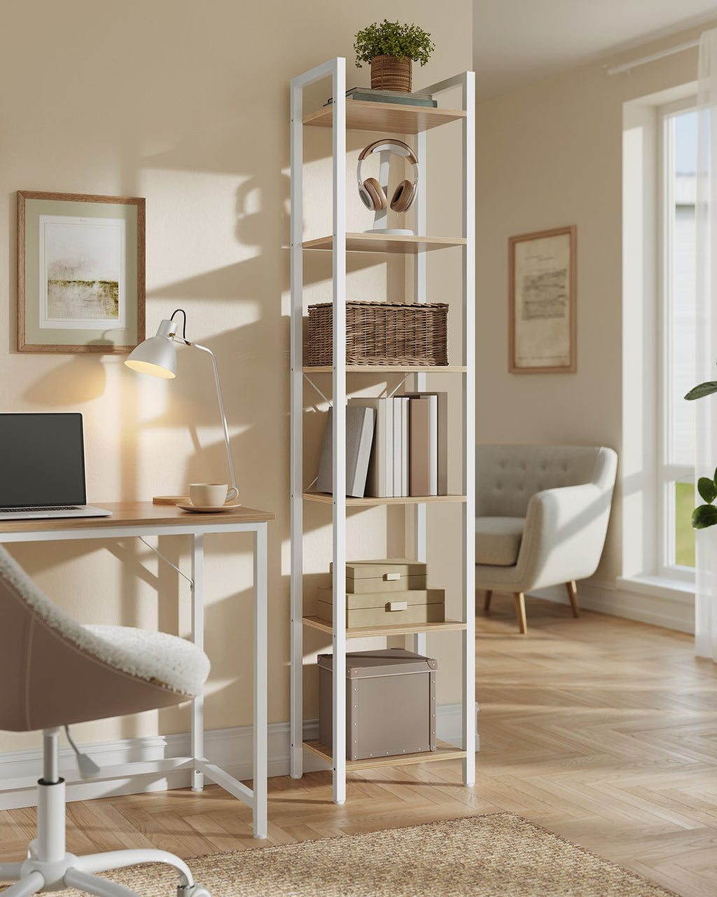Regal mit 6 Ebenen 30 x 40 x 186 cm naturbeige-mattweiß