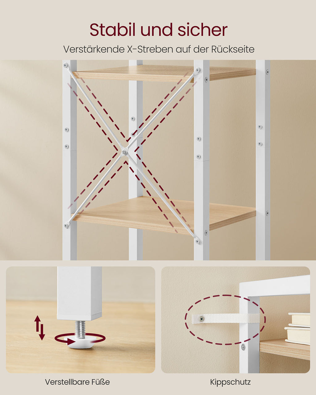 Regal mit 6 Ebenen 30 x 40 x 186 cm naturbeige-mattweiß