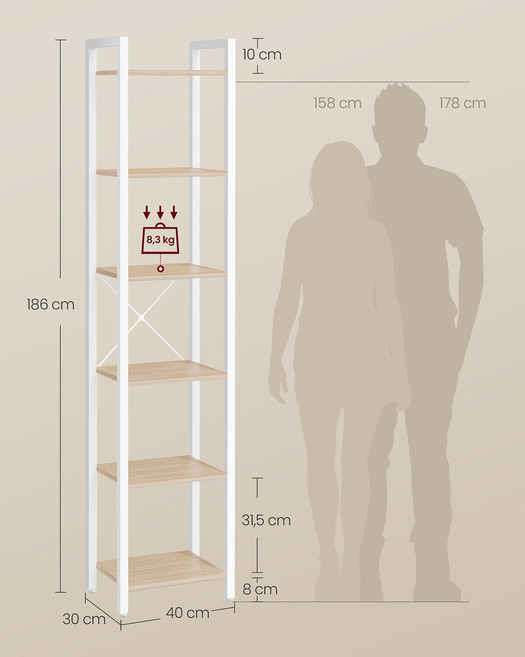 Regal mit 6 Ebenen 30 x 40 x 186 cm naturbeige-mattweiß