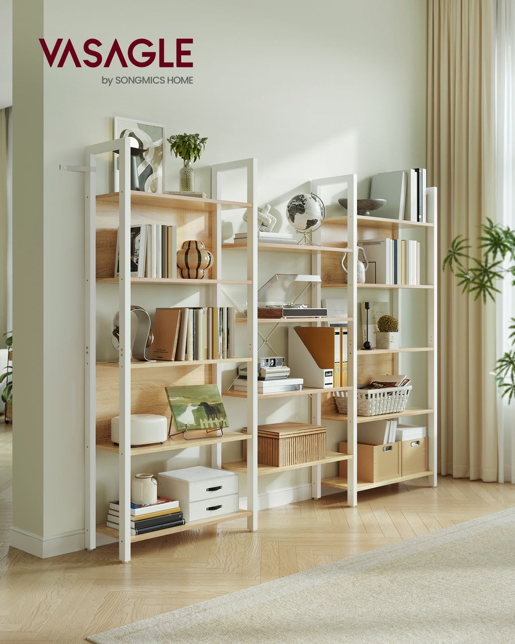 Bücherregal mit 14 Ablagen und Metallrahmen goldeichenfarben-mattweiß