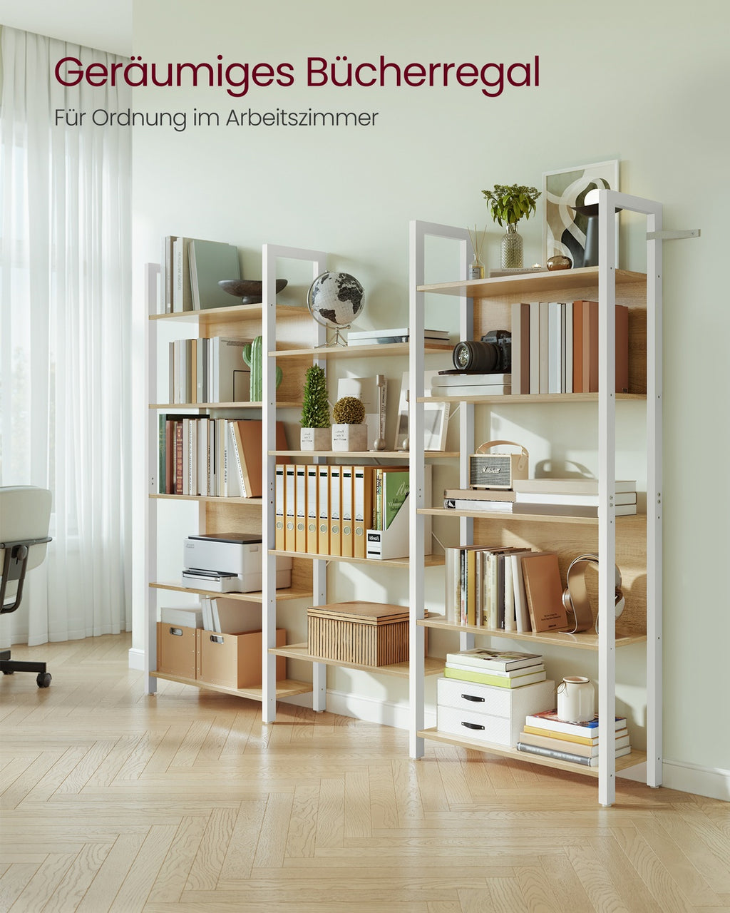 Bücherregal mit 14 Ablagen und Metallrahmen goldeichenfarben-mattweiß
