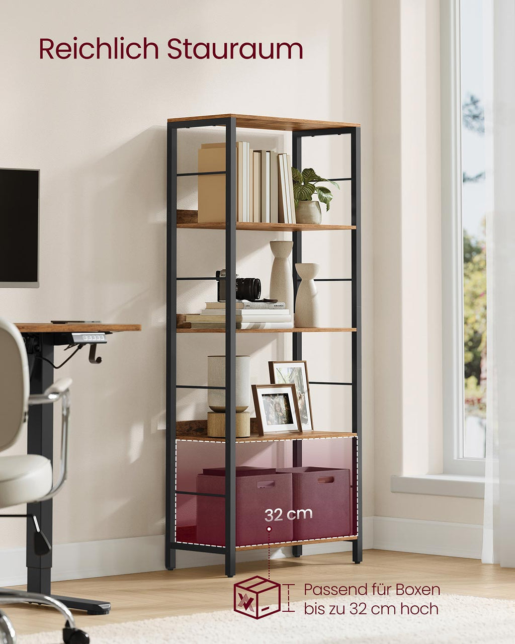 Bücherregal mit fünf Ebenen und Rückwänden im Industriedesign