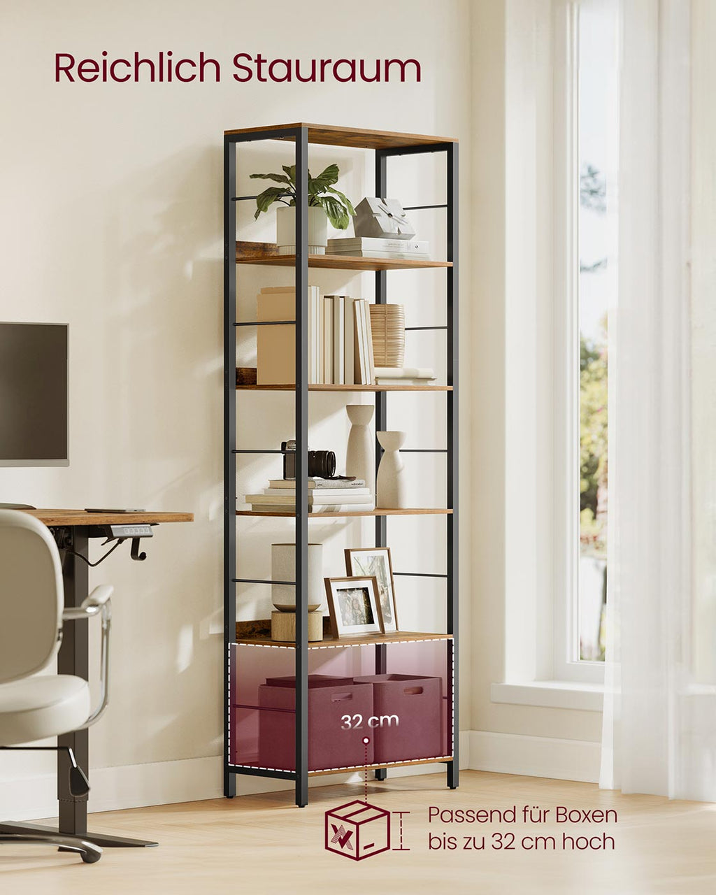Bücherregal mit sechs Ebenen und Rückwänden im Industriedesign
