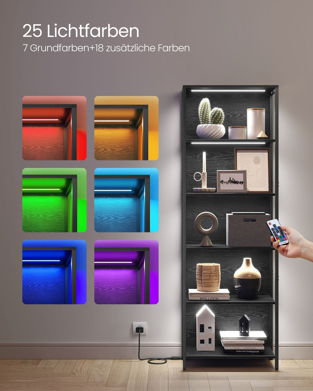 Bücherregal mit 6 Ebenen und Leuchten 30,3 x 60 x 178,6 cm