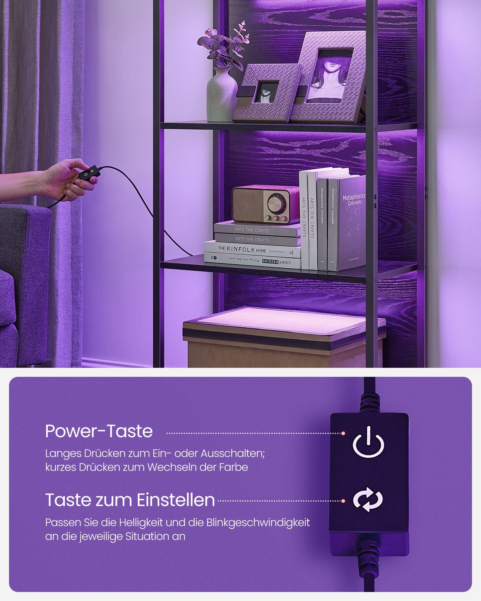 Bücherregal mit 6 Ebenen und Leuchten 30,3 x 60 x 178,6 cm