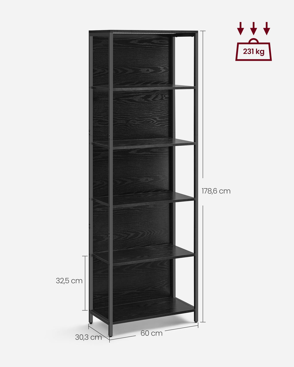 Bücherregal mit 6 Ebenen und Leuchten 30,3 x 60 x 178,6 cm