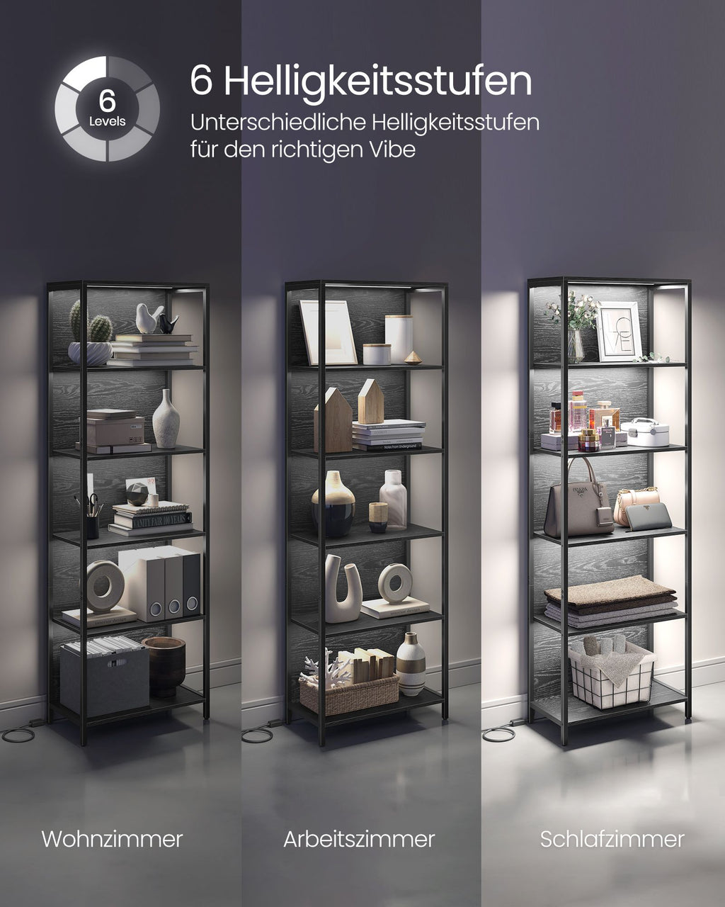 Bücherregal mit 6 Ebenen und Leuchten 30,3 x 60 x 178,6 cm