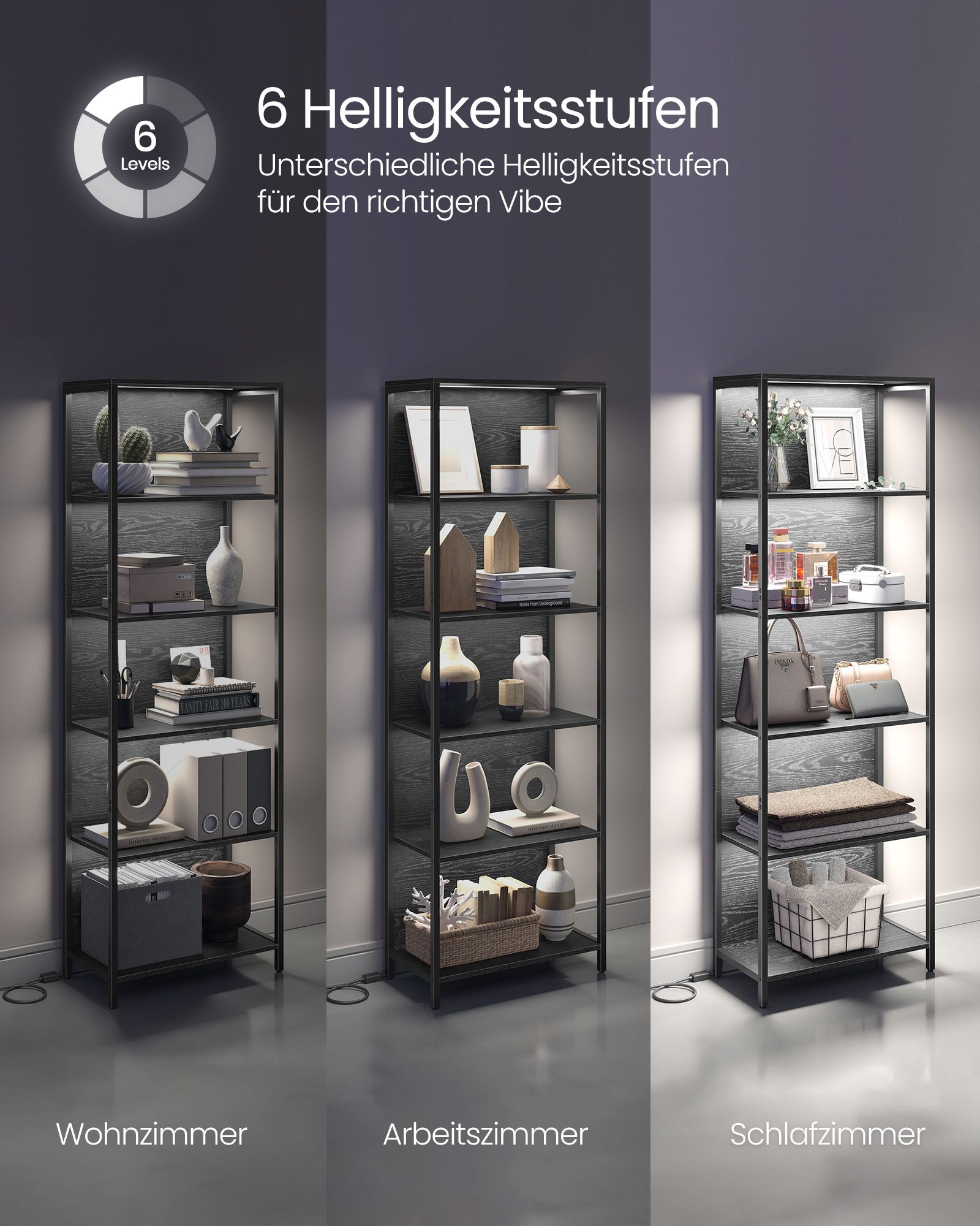Bücherregal mit 6 Ebenen und Leuchten 30,3 x 60 x 178,6 cm