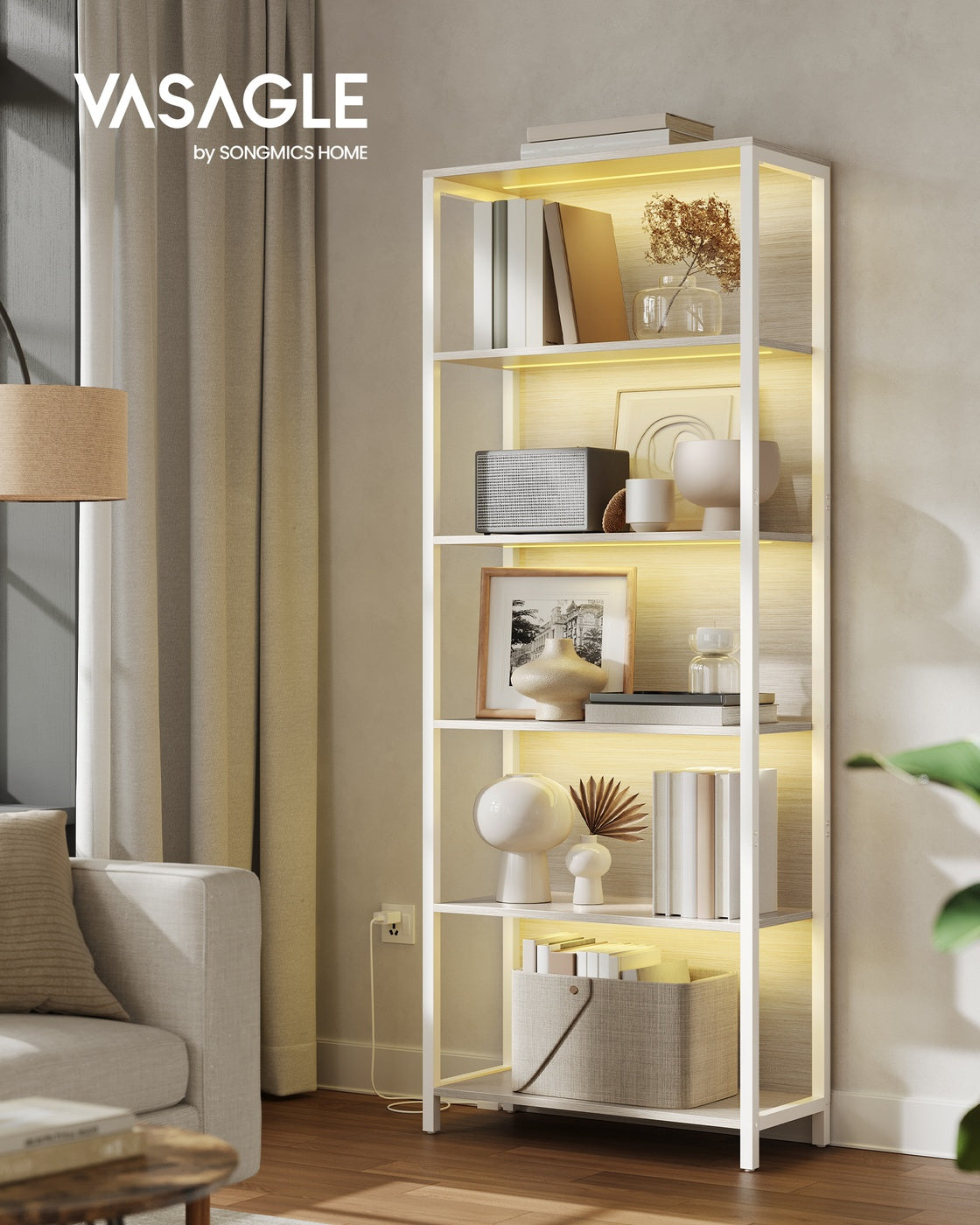 Bücherregal mit 6 Ebenen und Beleuchtung 30,3 x 60 x 178,6 cm naturbeige