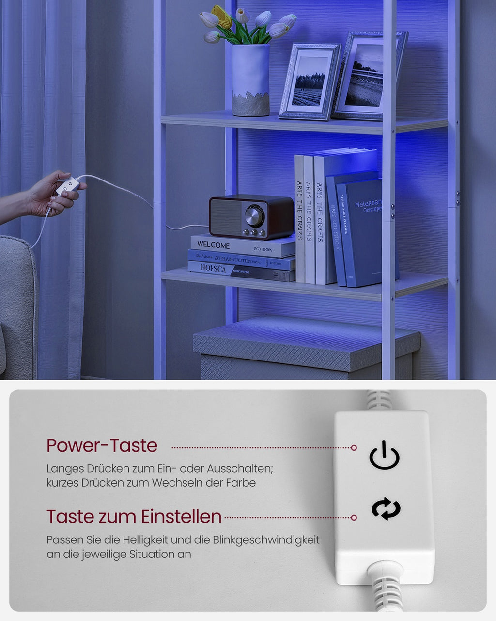 Bücherregal mit 6 Ebenen und Beleuchtung 30,3 x 60 x 178,6 cm naturbeige
