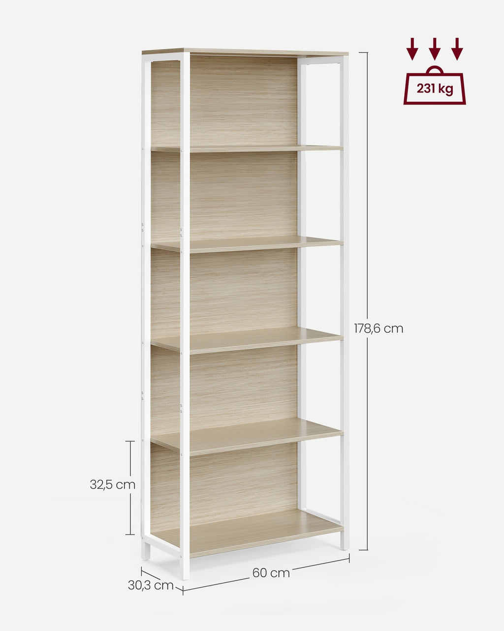 Bücherregal mit 6 Ebenen und Beleuchtung 30,3 x 60 x 178,6 cm naturbeige