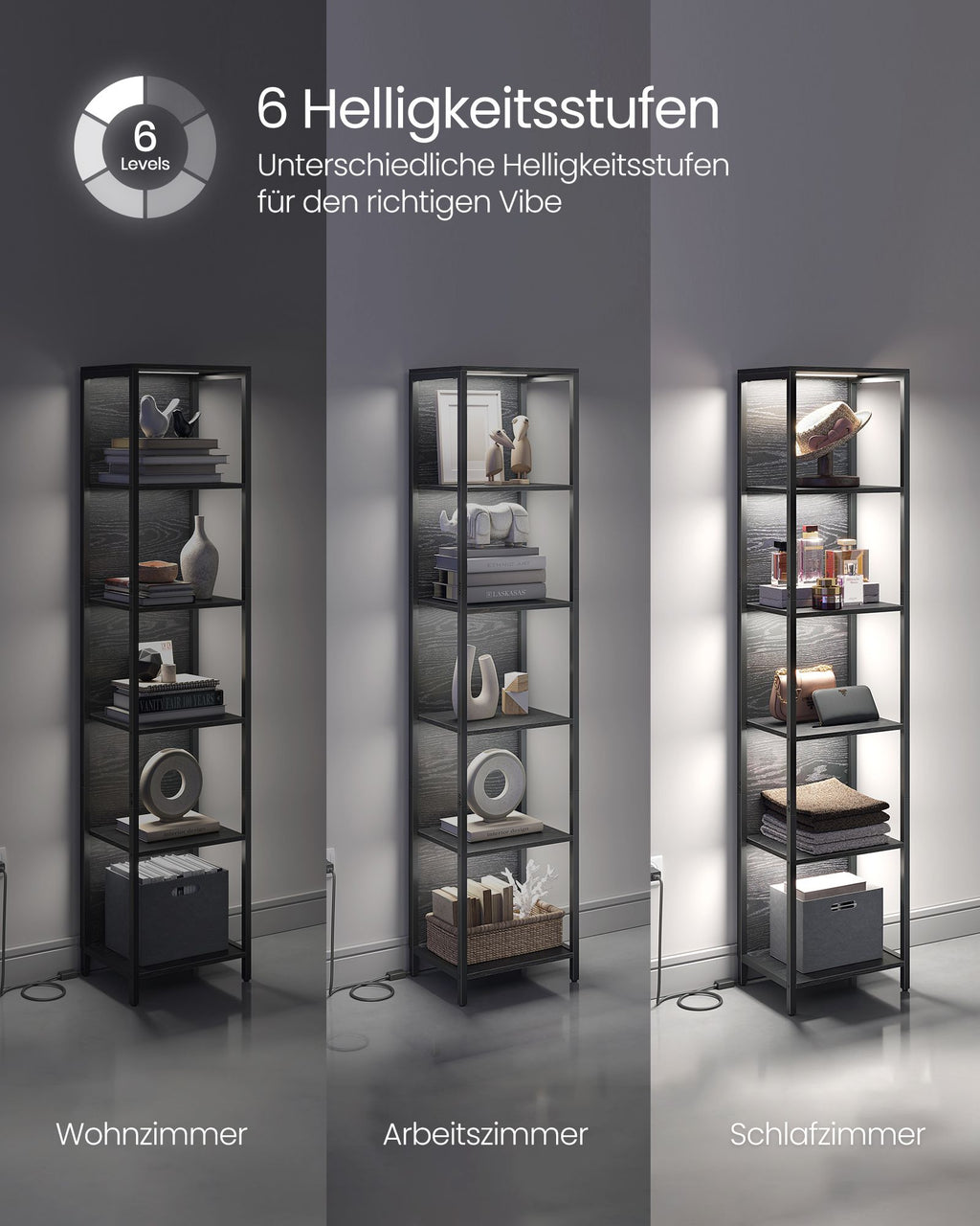 Bücherregal mit 6 Ebenen und Leuchten 30,3 x 40 x 178,6 cm