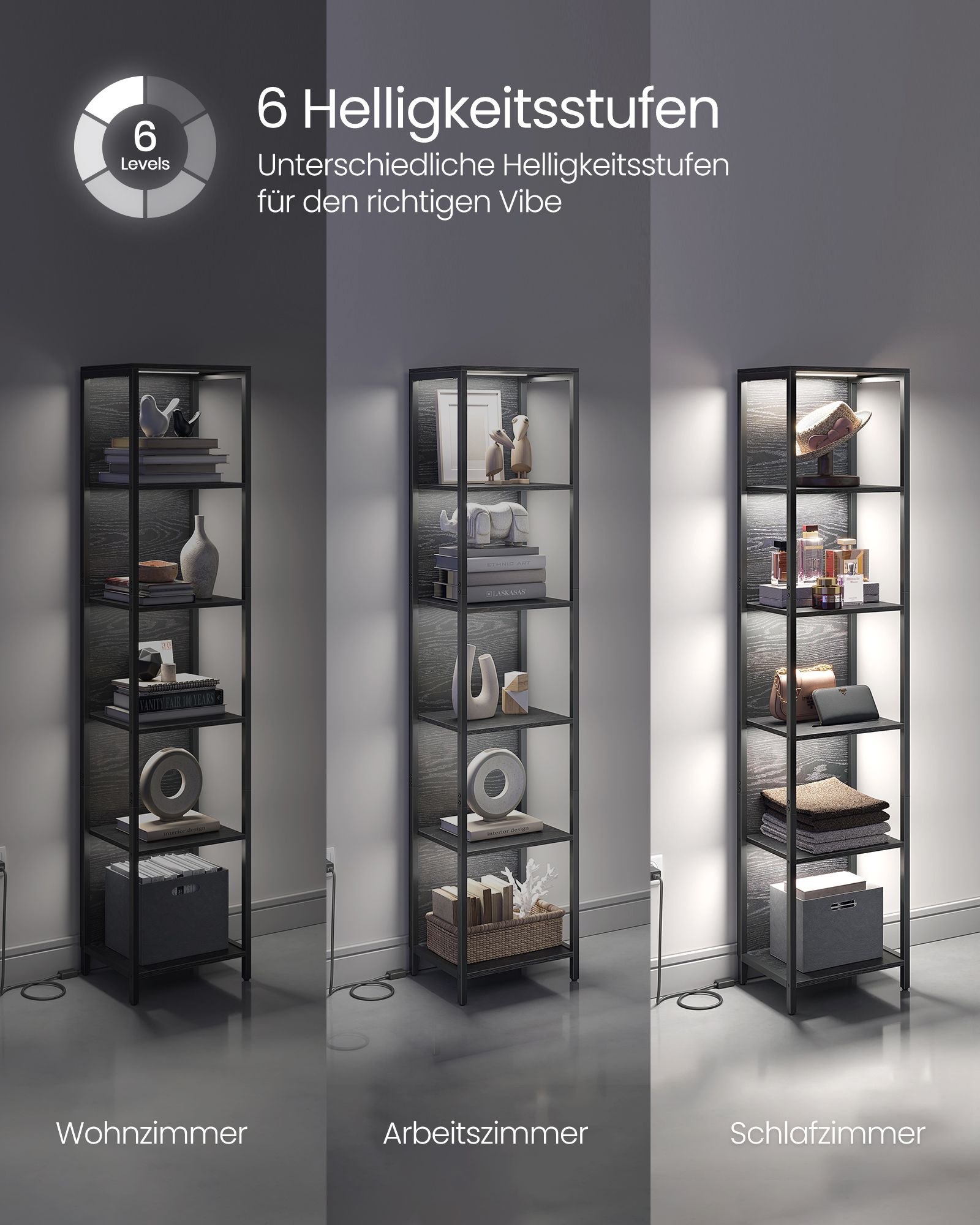 Bücherregal mit 6 Ebenen und Leuchten 30,3 x 40 x 178,6 cm