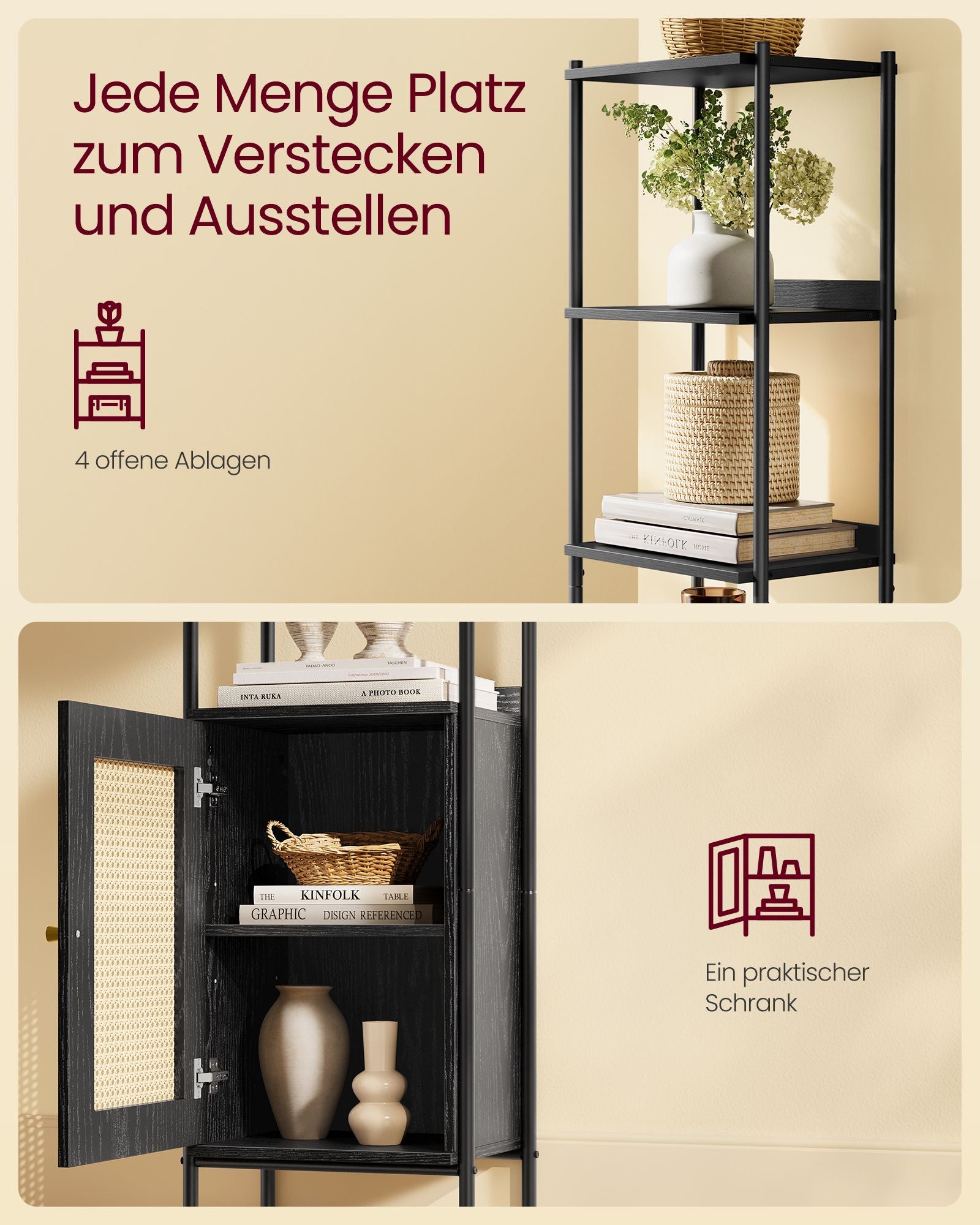 Bücherregal 6 Ebenen mit Metallrahmen ebenholzschwarz-mattschwarz