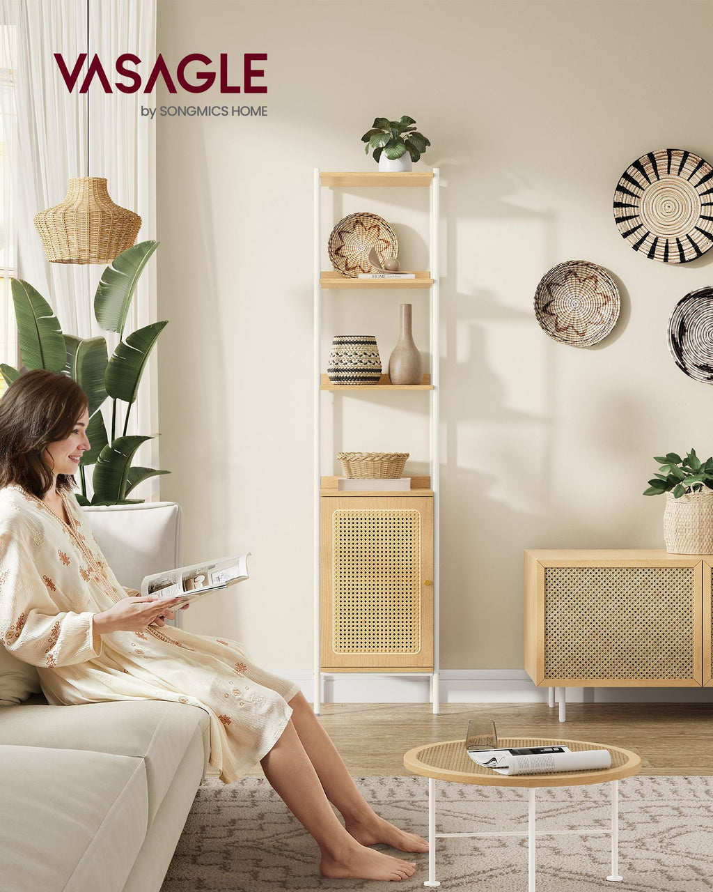 Bücherregal 6 Ebenen mit Metallrahmen eichenbeige-perlweiß