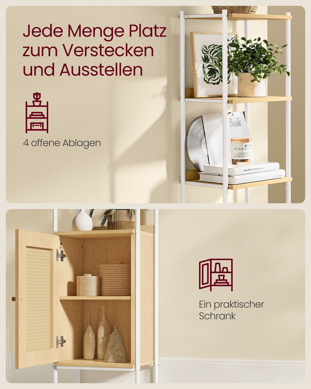 Bücherregal 6 Ebenen mit Metallrahmen eichenbeige-perlweiß