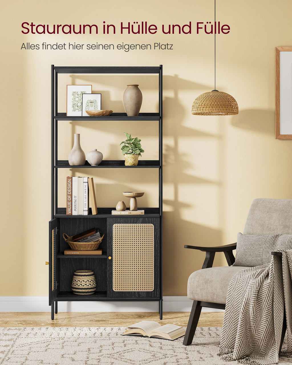 Bücherregal mit Türen in Rattan-Optik benholzschwarz-mattschwarz