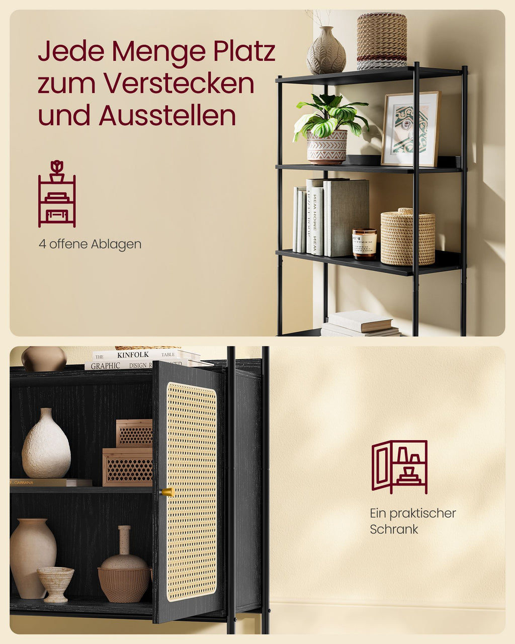 Bücherregal mit Türen in Rattan-Optik benholzschwarz-mattschwarz