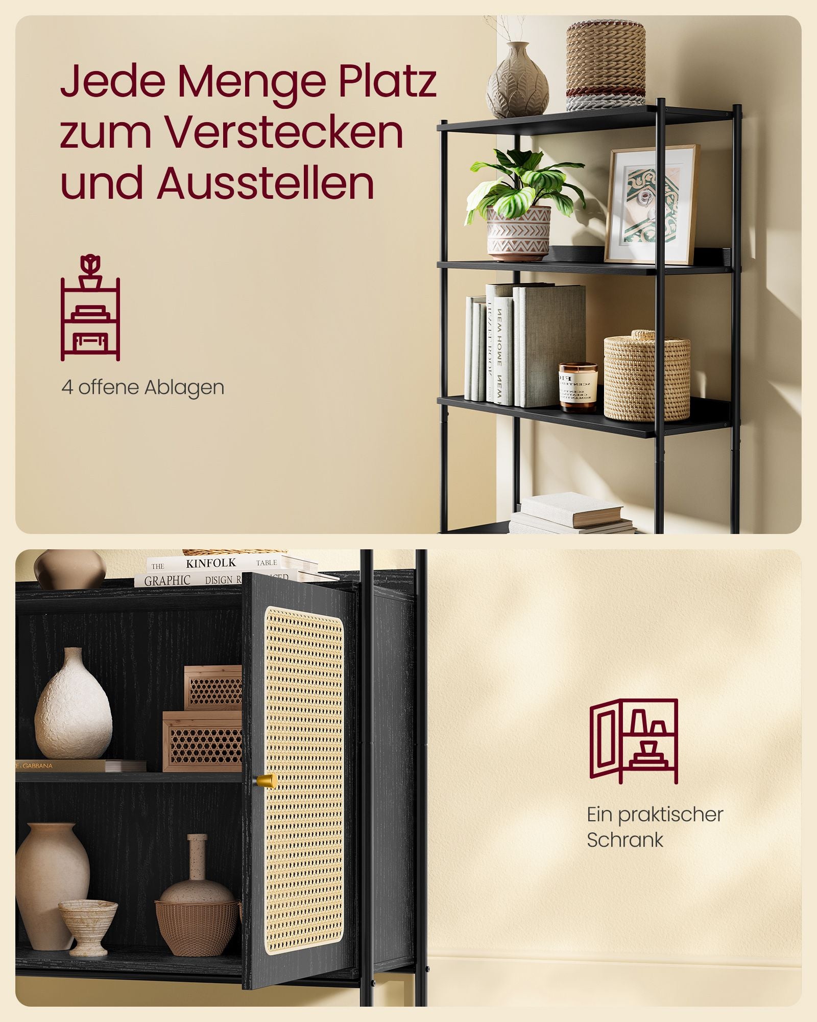 Bücherregal mit Türen in Rattan-Optik benholzschwarz-mattschwarz