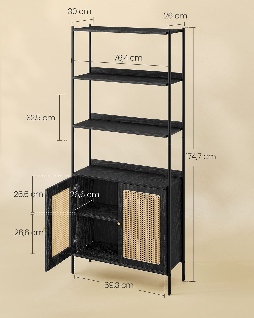 Bücherregal mit Türen in Rattan-Optik benholzschwarz-mattschwarz