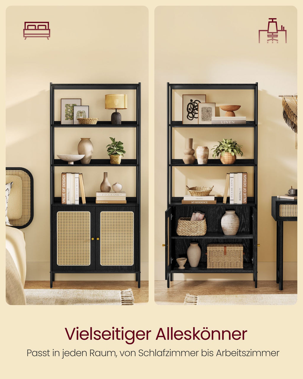 Bücherregal mit Türen in Rattan-Optik benholzschwarz-mattschwarz