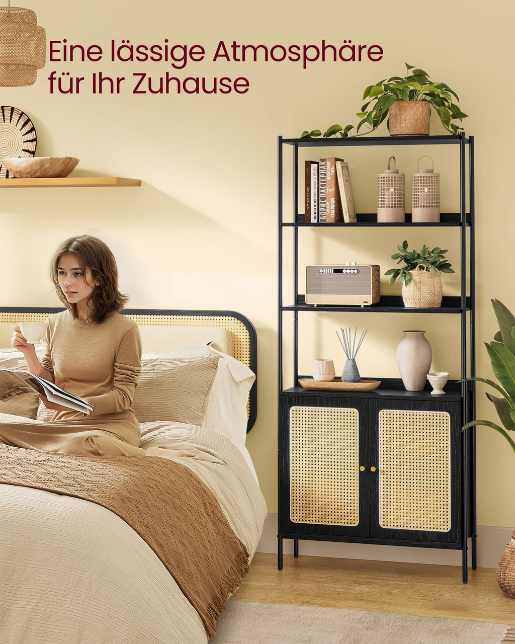 Bücherregal mit Türen in Rattan-Optik benholzschwarz-mattschwarz